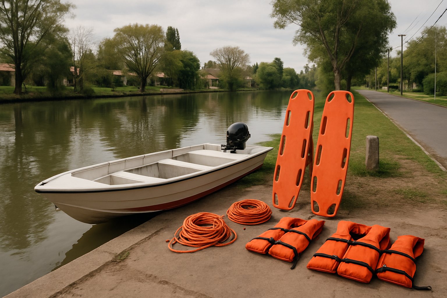 Ilustración de una embarcación, tablas y cuerdas de rescate junto a un curso de agua en un entorno suburbano.